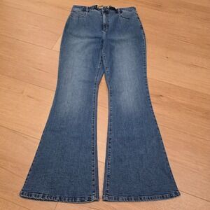 INC International Concepts Flare Jeans Size 12/31 Blue Reg High Rise Belt Clasp